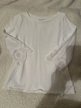 LOFT Cream Long Sleeve Top with Lace-Appliqué Cuffs